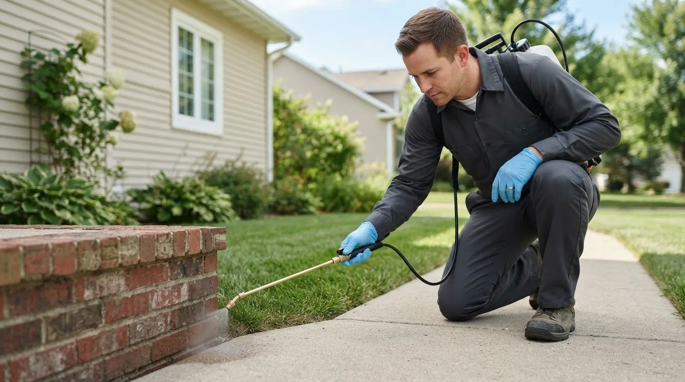 Pest control technician treating a home near Paxton, IN