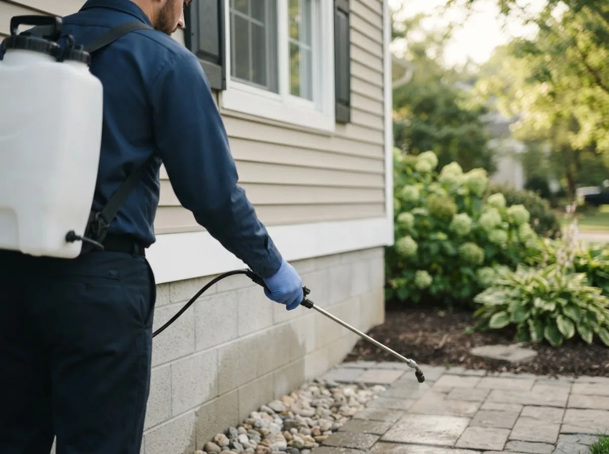 Pest control technician inspecting a home in Paxton, IN
